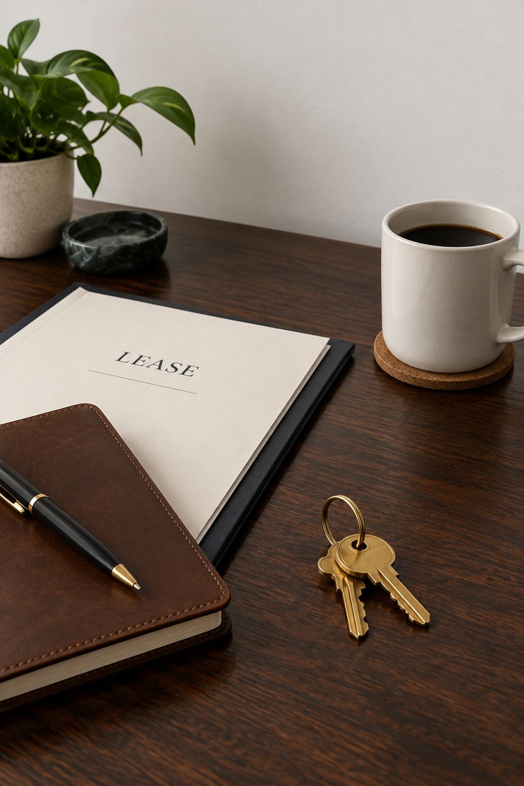 A desk with house keys, a notebook and a lease folder, illustrative