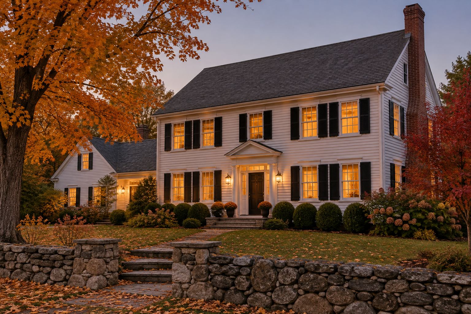 A brick traditional home at dusk, illustrative