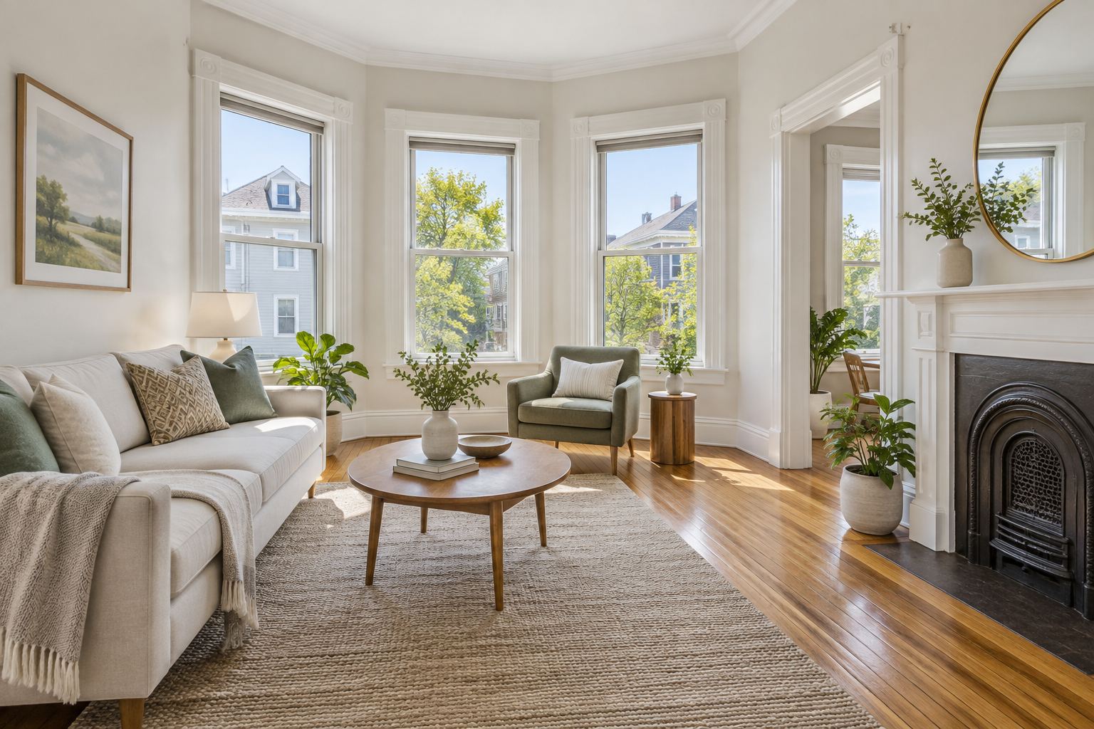 A bright Boston area living room, illustrative